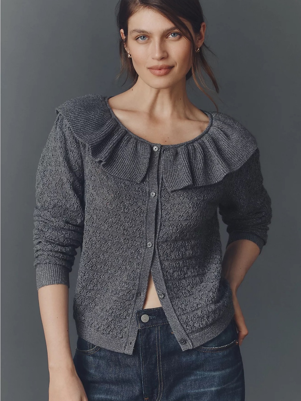 Maeve Anthropologie Ruffle Collar Pointelle Metallic Wool Cashmere Cardigan XL